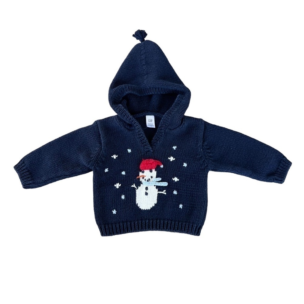 BabyGap Snowman Hooded Knit Sweater Newborn 3-6 Months Navy Blue Christmas GUC